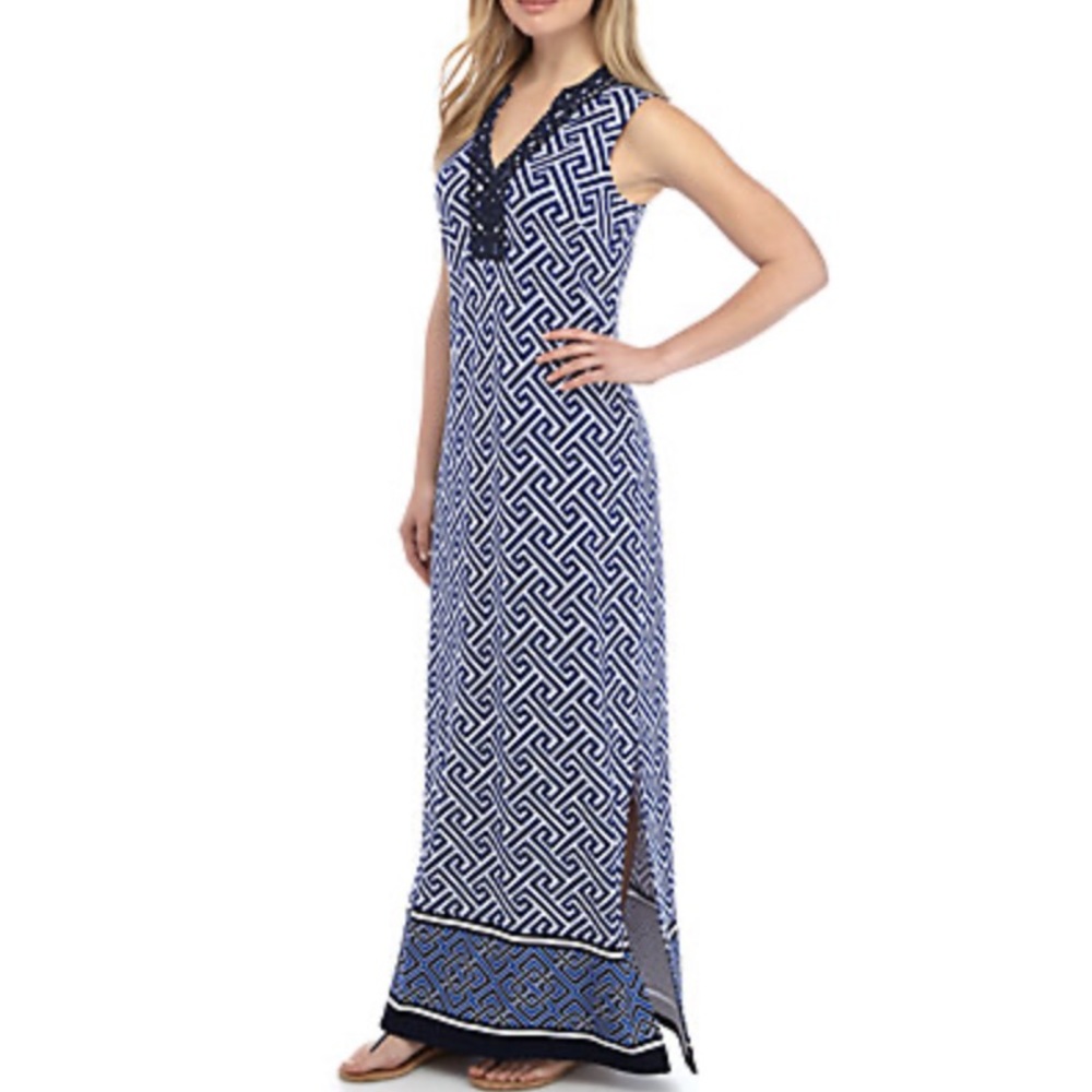 Crown & Ivy Embroidered Kurta Maxi Dress Navy Blue Geometric Print Preppy